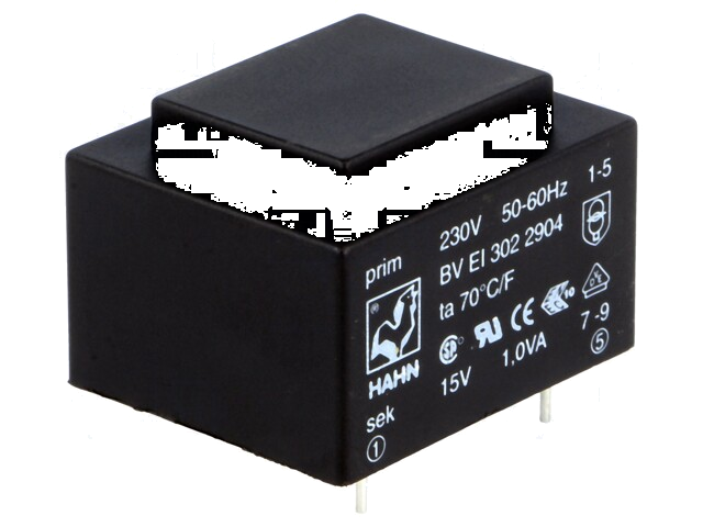 Transformator: ingegoten; 1VA; 230VAC; 15V; 67mA; PCB; BVEI Transformator: ingegoten; 1VA; 230VAC; 15V; 67mA; PCB; BVEI